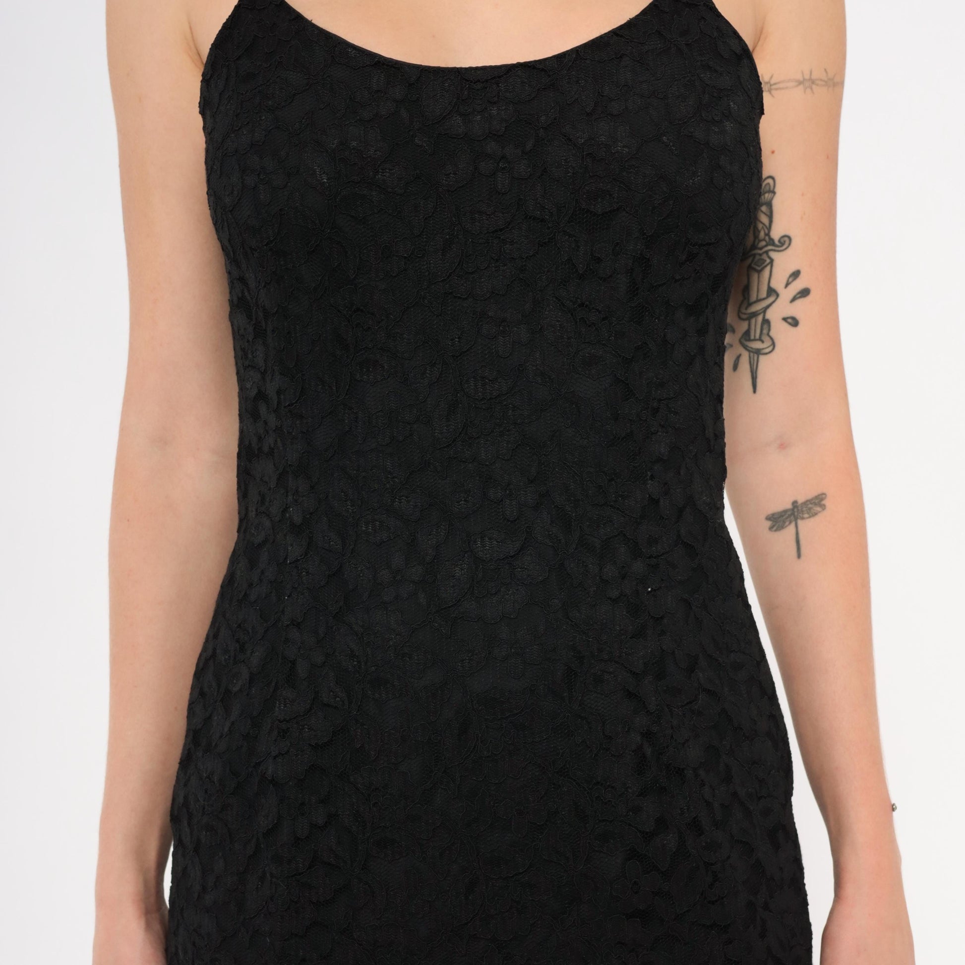 90s Julie Laurie Black Lace Slip Dress Scalloped Hem Spaghetti Strap Extra Small XS