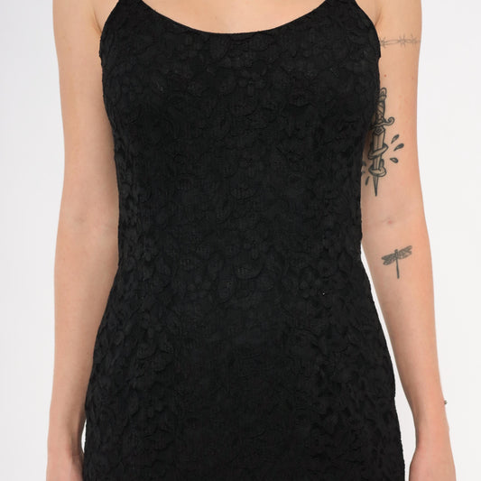 90s Julie Laurie Black Lace Slip Dress Scalloped Hem Spaghetti Strap Extra Small XS