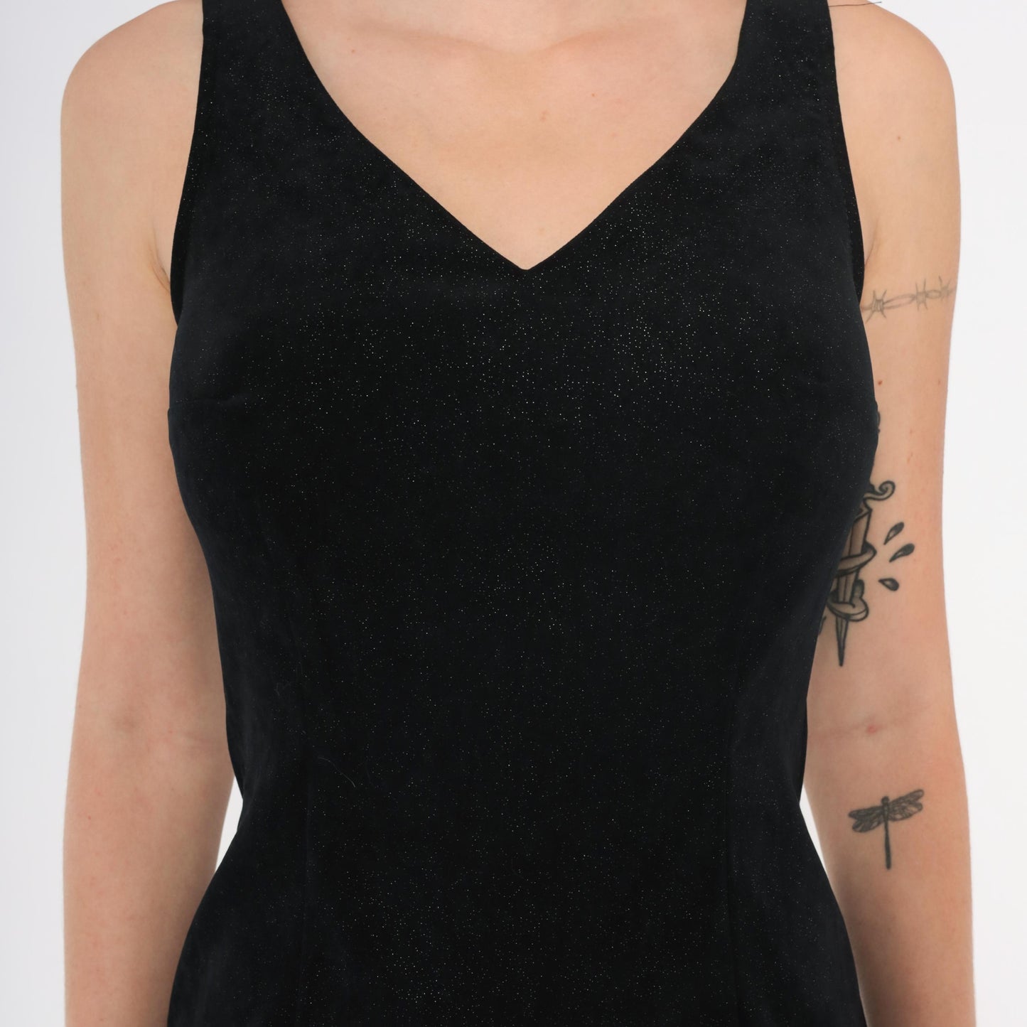 90s Splurge Black Glitter Mini Dress V Neck Sleeveless Bodycon Extra Small XS