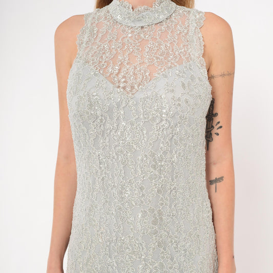 90s Silver Lace Mini Dress Nite Scarlet Mock Neck Metallic Floral Small Medium