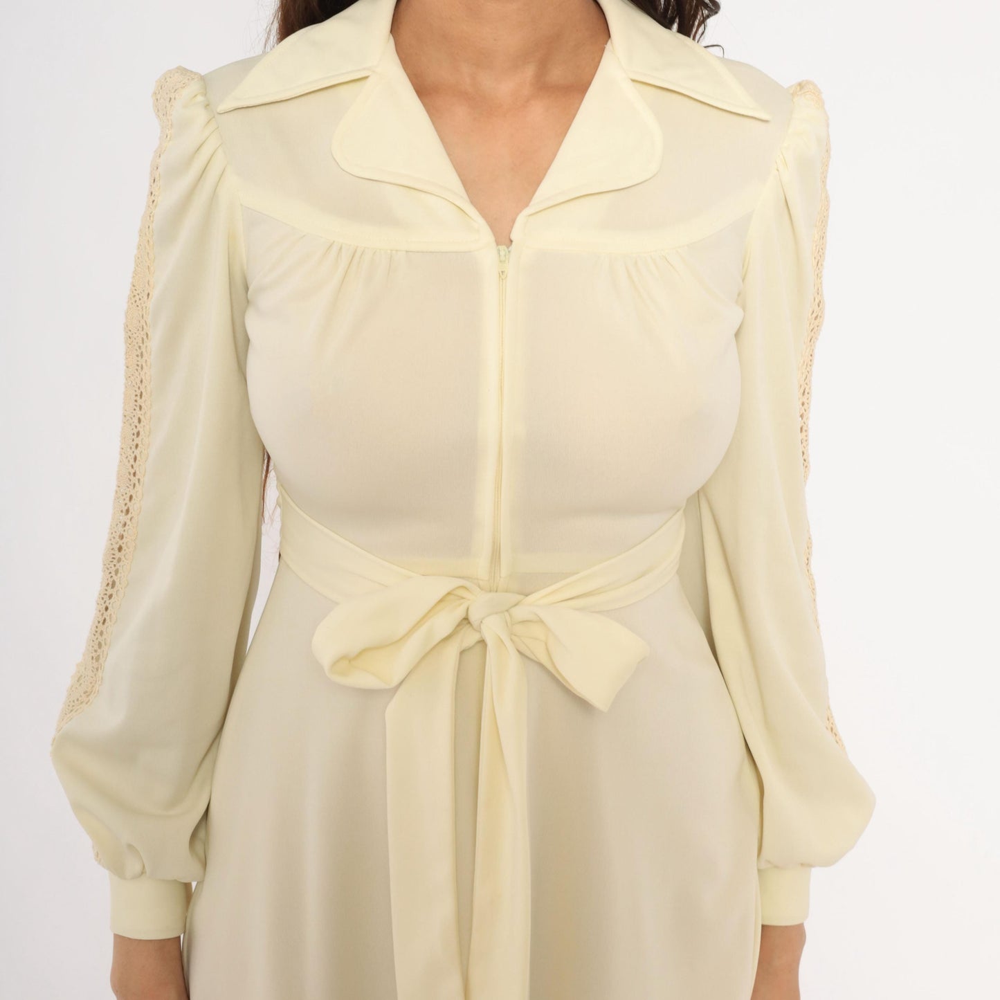 70s Cream Zip-Front Mini Dress Bishop Sleeve Crochet Lace Small S
