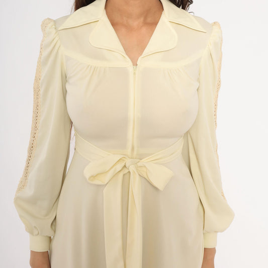 70s Cream Zip-Front Mini Dress Bishop Sleeve Crochet Lace Small S
