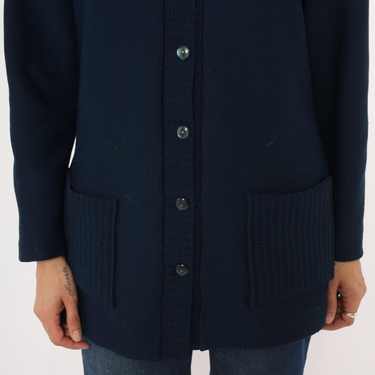 70s Navy Button Front Cardigan V Neck Knit Sweater Patch Pocket Large L