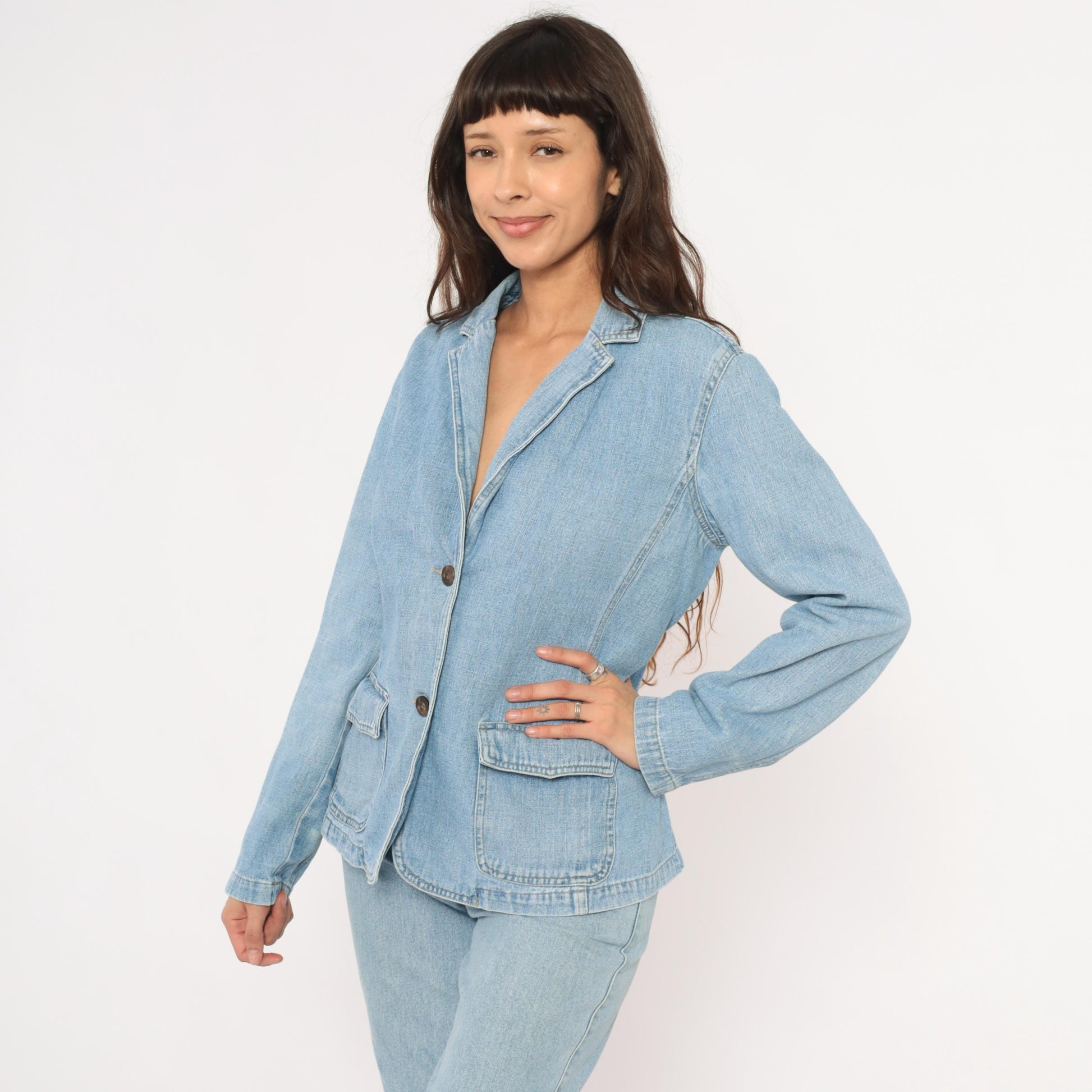 2000s Crazy Horse Light Wash Denim Blazer Notched Lapel Cotton Medium M