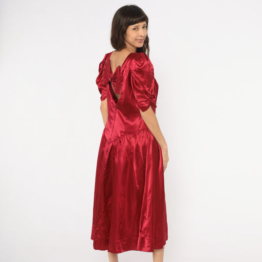 80s Burgundy Satin Midi Dress Puff Sleeve Sweetheart Neckline Bow Back Large L