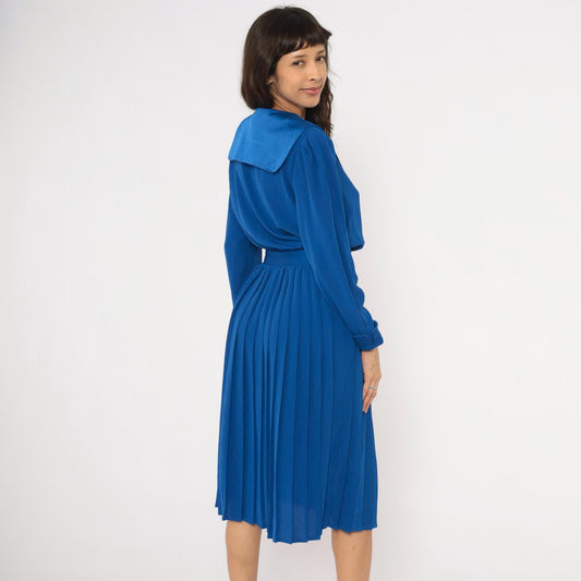 90s Petites for Maggy Cobalt Wrap Dress Puff Sleeve Pleated Knee-Length Medium