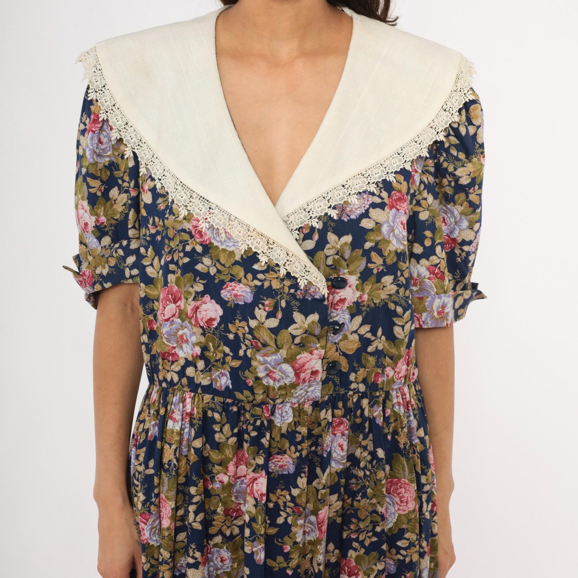 80s Tina Barri Floral Midi Dress Navy Rose Lace Collar Short Sleeve Extra Large