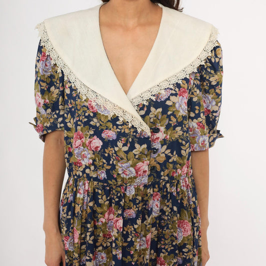80s Tina Barri Floral Midi Dress Navy Rose Lace Collar Short Sleeve Extra Large