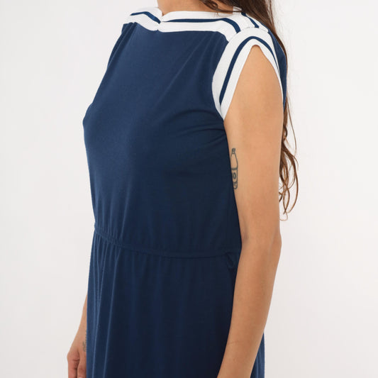 80s Navy Sailor Collar Dress Knee Length White Stripe Trim Cap Sleeve Large L