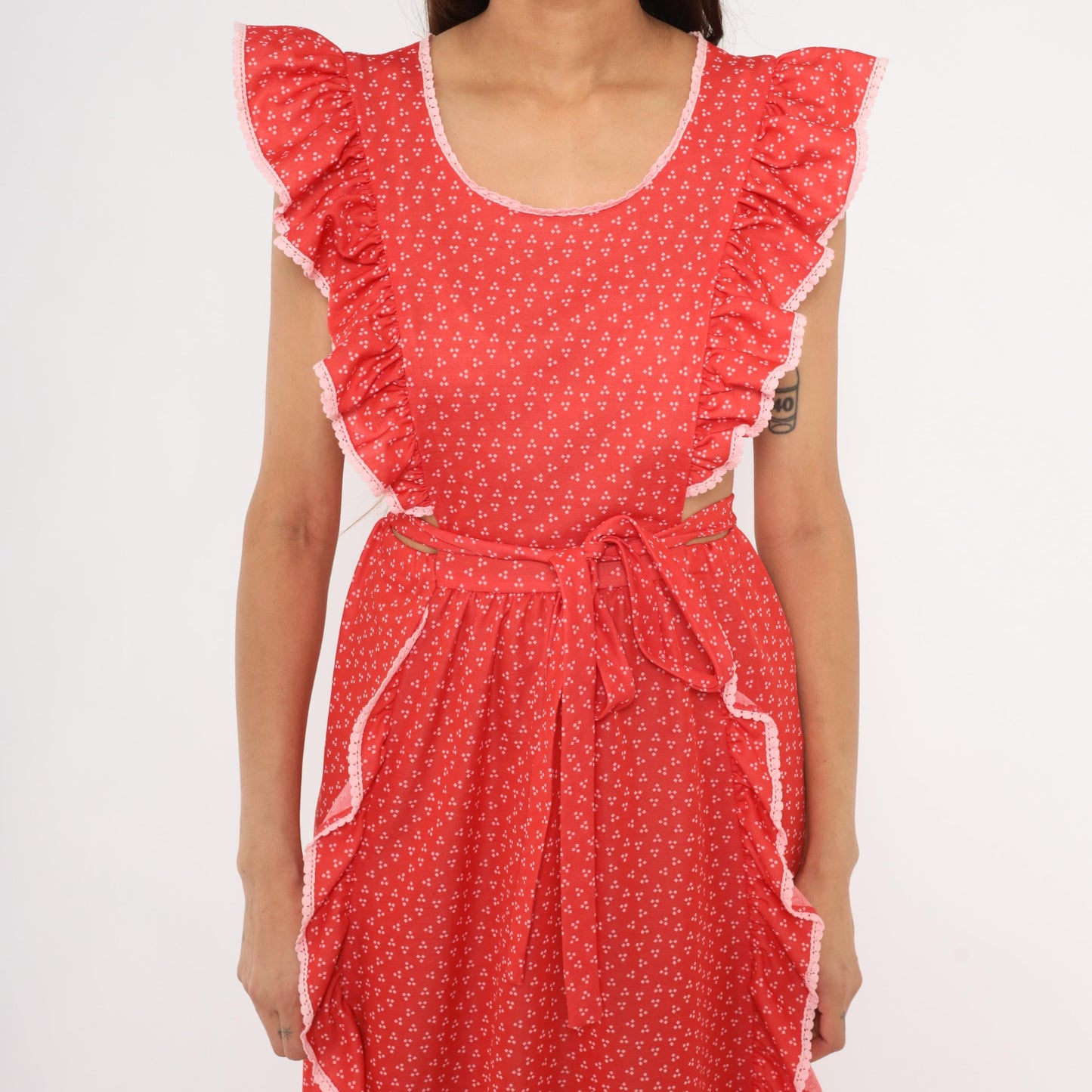 70s Gay Gibson Red Calico Maxi Dress Flutter Sleeve Lace Trim Small