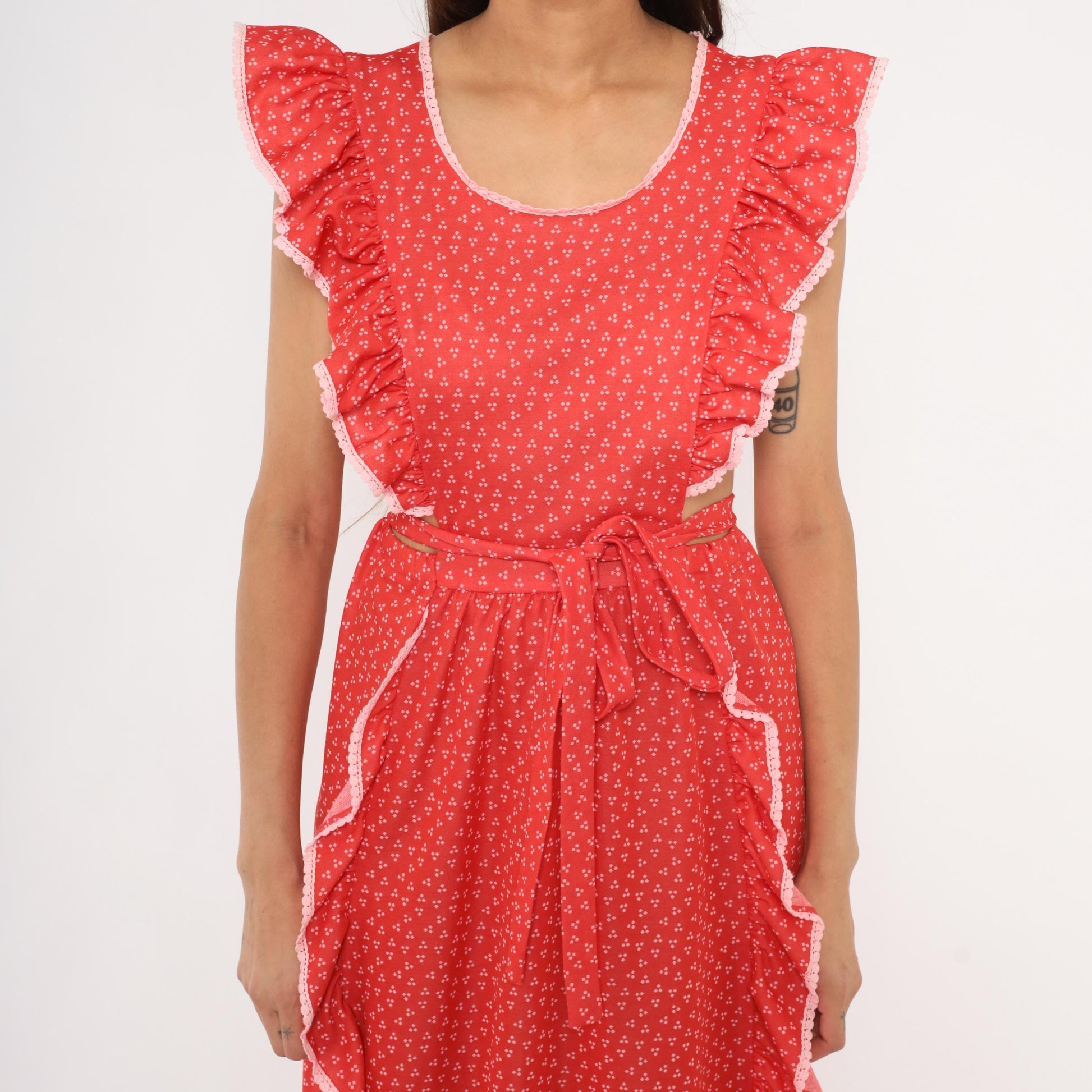 70s Gay Gibson Red Calico Maxi Dress Flutter Sleeve Lace Trim Small