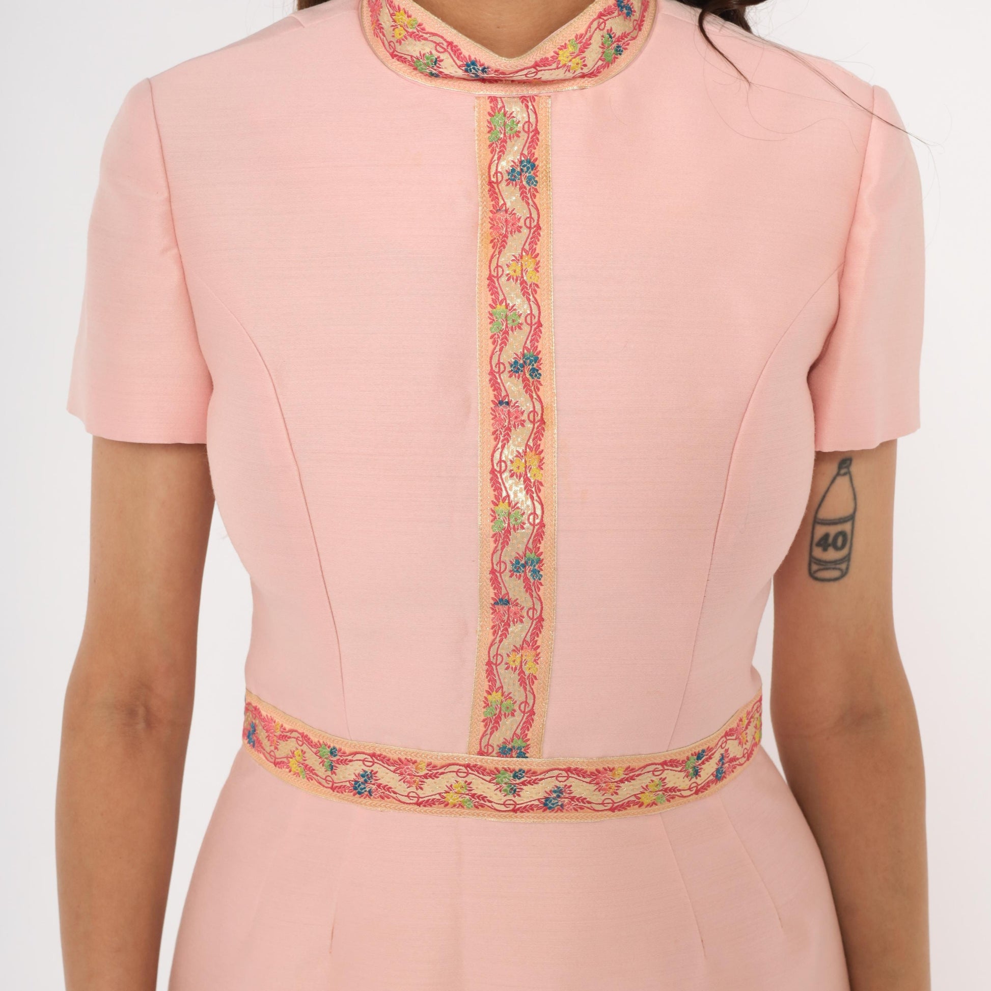 1960s Wool Silk Mandarin Collar Dress Pink Floral Embroidered Trim Knee-Length Small