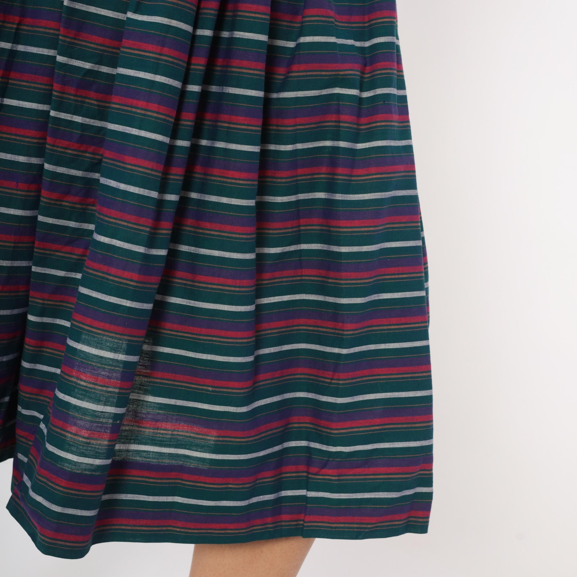 60s Striped Pleated Midi Skirt Teal Burgundy Navy High Waist Cotton Small