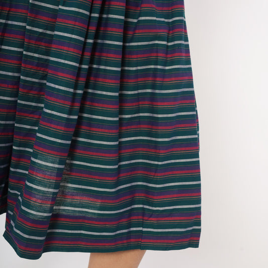 60s Striped Pleated Midi Skirt Teal Burgundy Navy High Waist Cotton Small