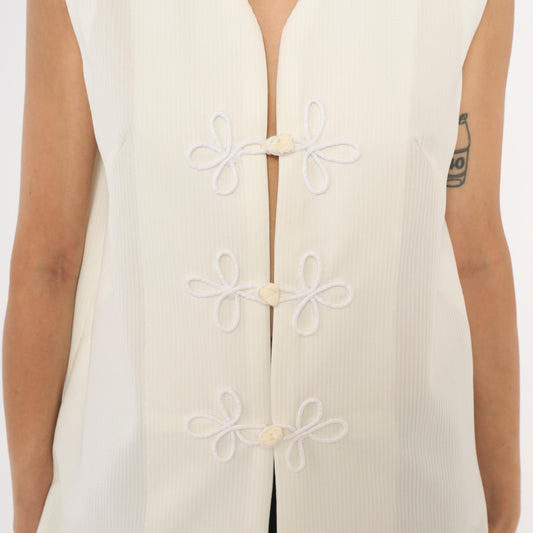 70s White Frog Closure Vest Mandarin V-Neck Tunic Longline Medium