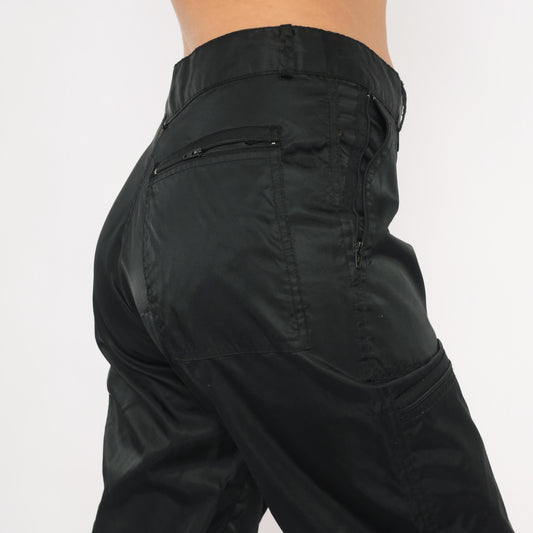 Y2K Black Nylon Cargo Pants Graffiti Low Rise Straight Leg Utility 32 Medium
