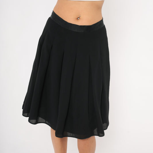 90s Liz Claiborne Black Pleated Knee Skirt A-Line Satin Waistband Large L