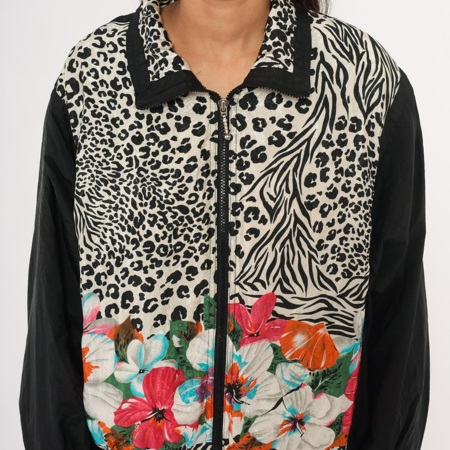 90s East West Leopard Zebra Floral Windbreaker Jacket Black Medium M
