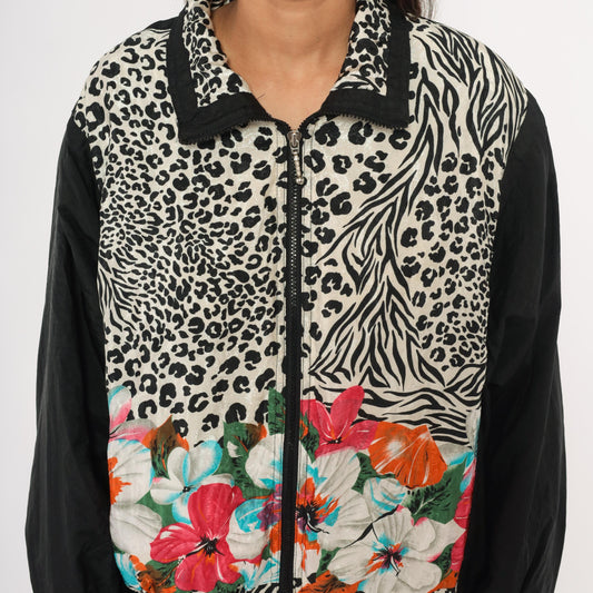 90s East West Leopard Zebra Floral Windbreaker Jacket Black Medium M