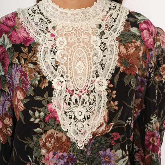 90s Scott McClintock Black Floral Blouse Lace Bib Puff Sleeve Extra Large XL