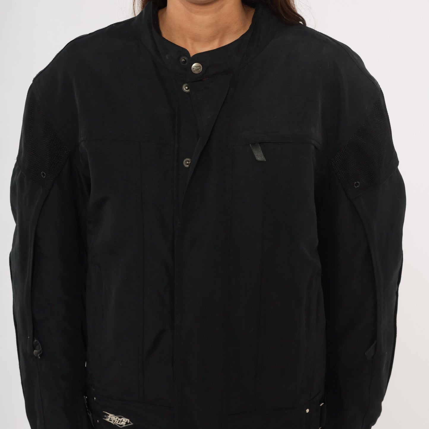 2000s Power Trip Black Motorcycle Jacket Mesh Panel Snap Collar Mens Extra Large XL