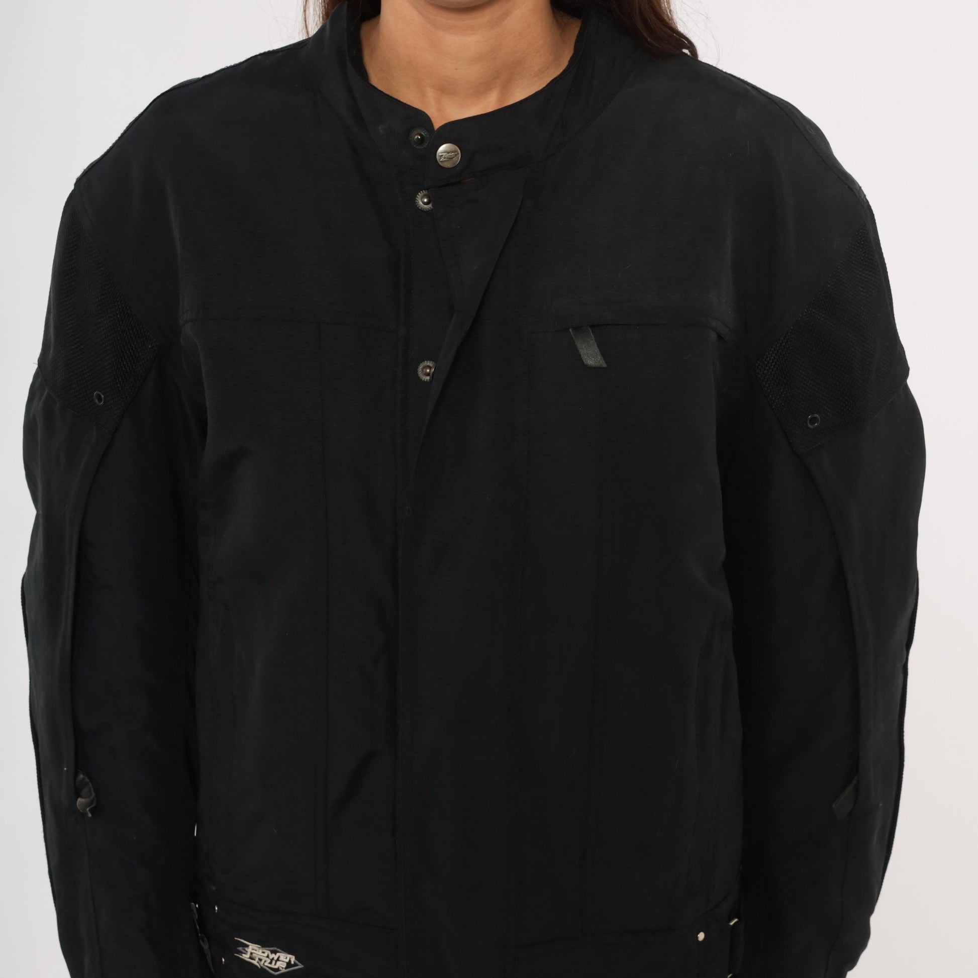 2000s Power Trip Black Motorcycle Jacket Mesh Panel Snap Collar Mens Extra Large XL
