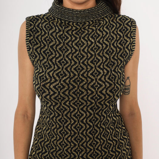 90s Black Gold Metallic Knit Mock Neck Tank Geometric Diamond Pattern Medium