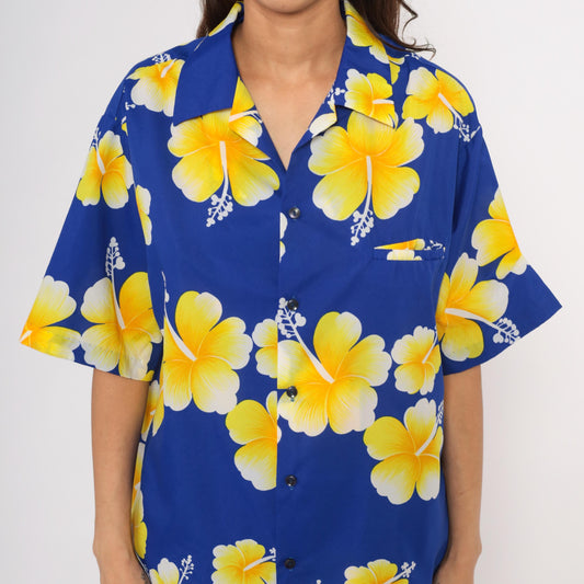 90s Hilo Hatties Hawaiian Hibiscus Shirt Cobalt Blue Yellow Camp Collar Extra Large XL