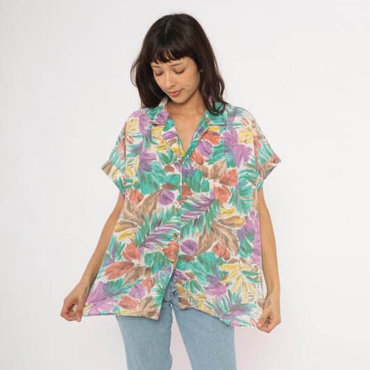 90s Cabrais Tropical Leaf Print Camp Collar Shirt Teal Purple Coral Plus Size XXL