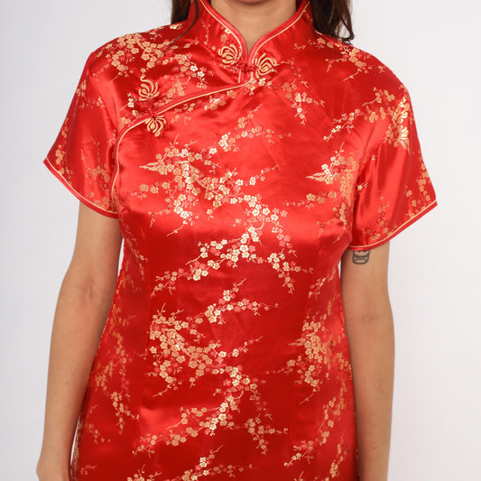 80s Xuan Tang Red Cheongsam Gold Cherry Blossom Qipao Plus Size XXL