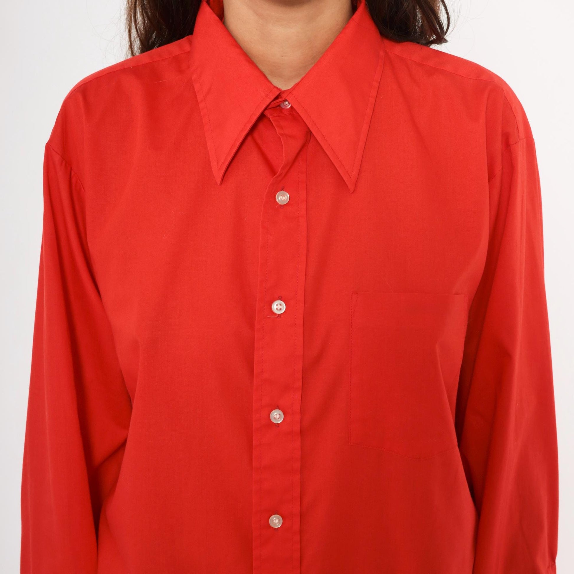 70s Golden Vee Red Button-Up Shirt Pointed Collar Long Sleeve Medium