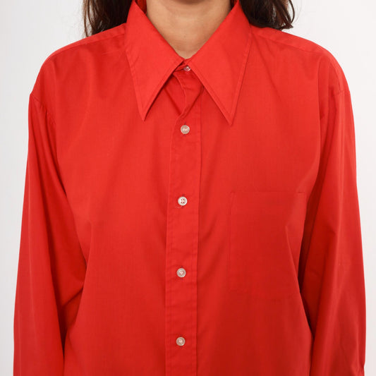 70s Golden Vee Red Button-Up Shirt Pointed Collar Long Sleeve Medium