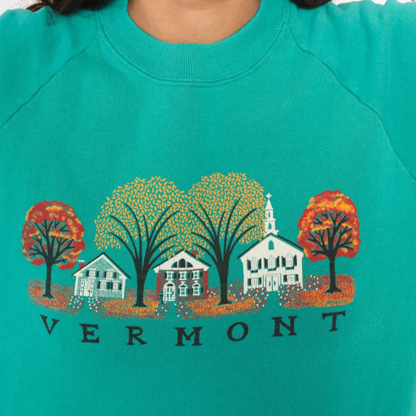 90s Vermont Autumn Village Teal Crewneck Sweatshirt Cotton Graphic Large L