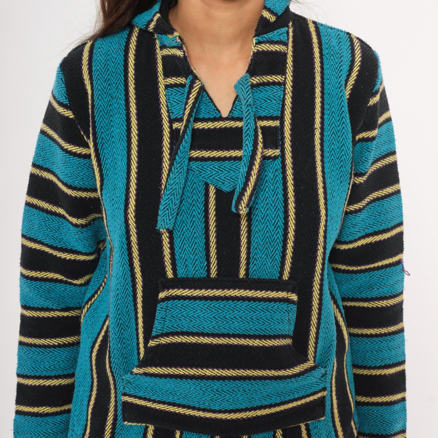 2000s Señor Lopez Baja Hoodie Teal Black Gold Striped Pullover Extra Small XS