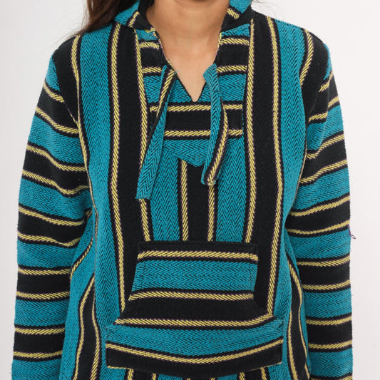 2000s Señor Lopez Baja Hoodie Teal Black Gold Striped Pullover Extra Small XS