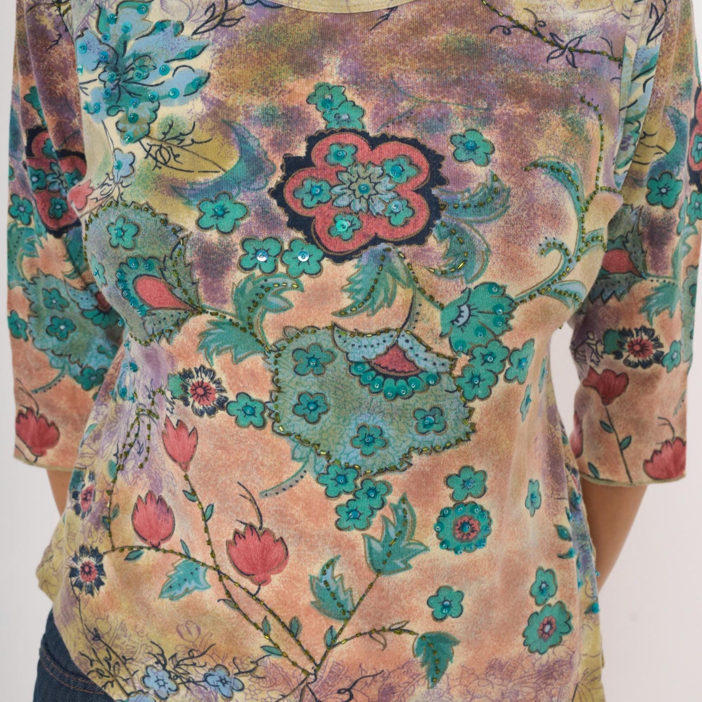 Y2K Watercolor Floral Sequin Top Three Quarter Sleeve Teal Rose Lavender Small S