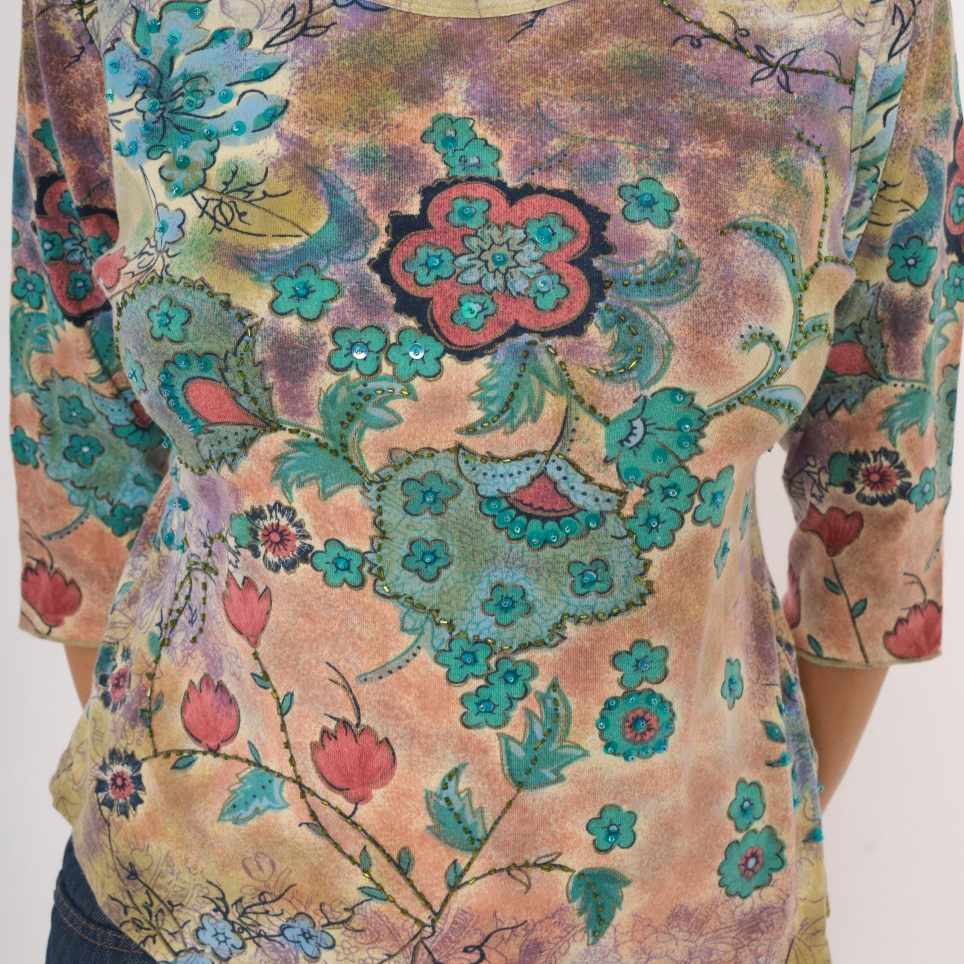 Y2K Watercolor Floral Sequin Top Three Quarter Sleeve Teal Rose Lavender Small S