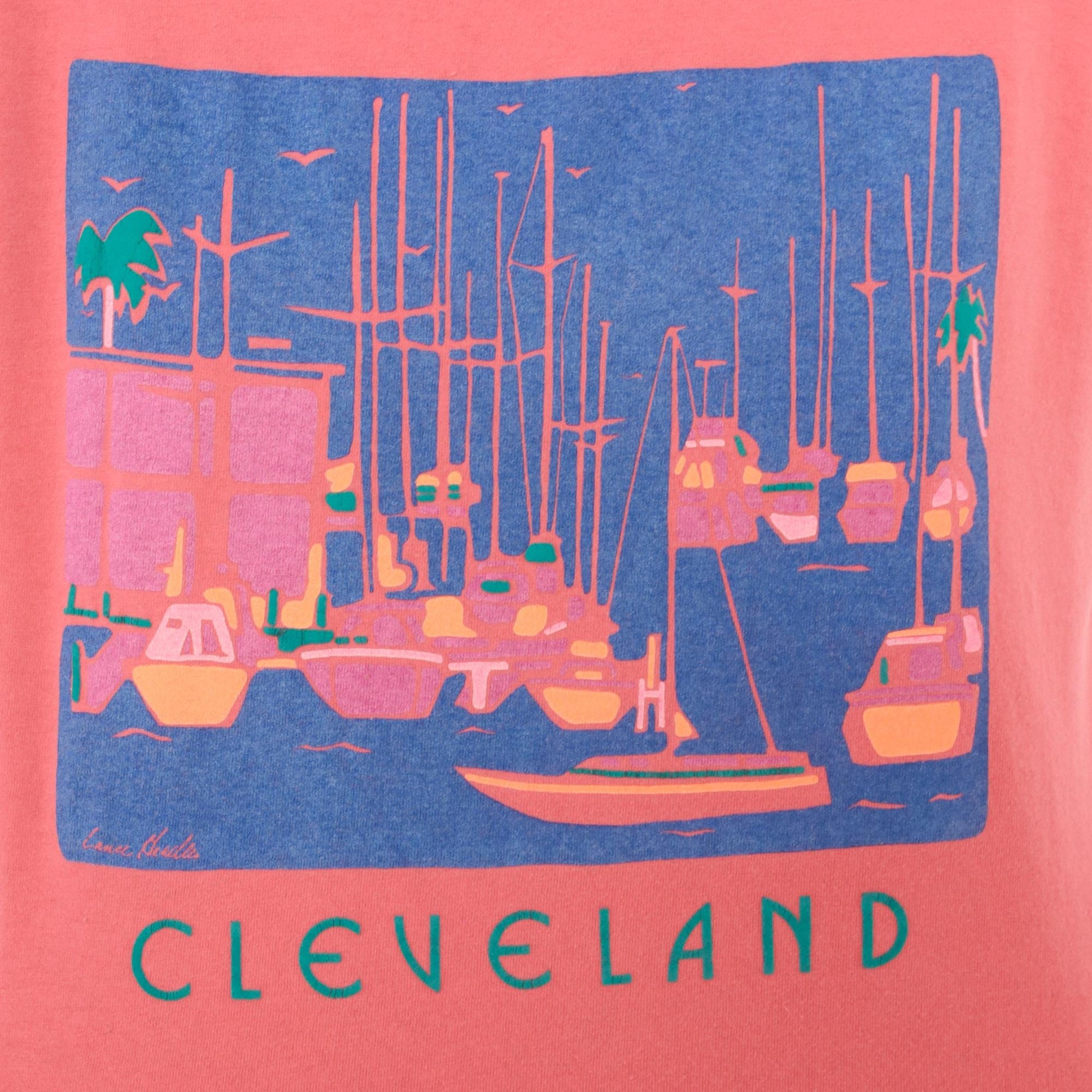 90s Eyecatcher Sportswear Cleveland Marina Tee Coral Pink Sailboat Graphic Extra Large XL