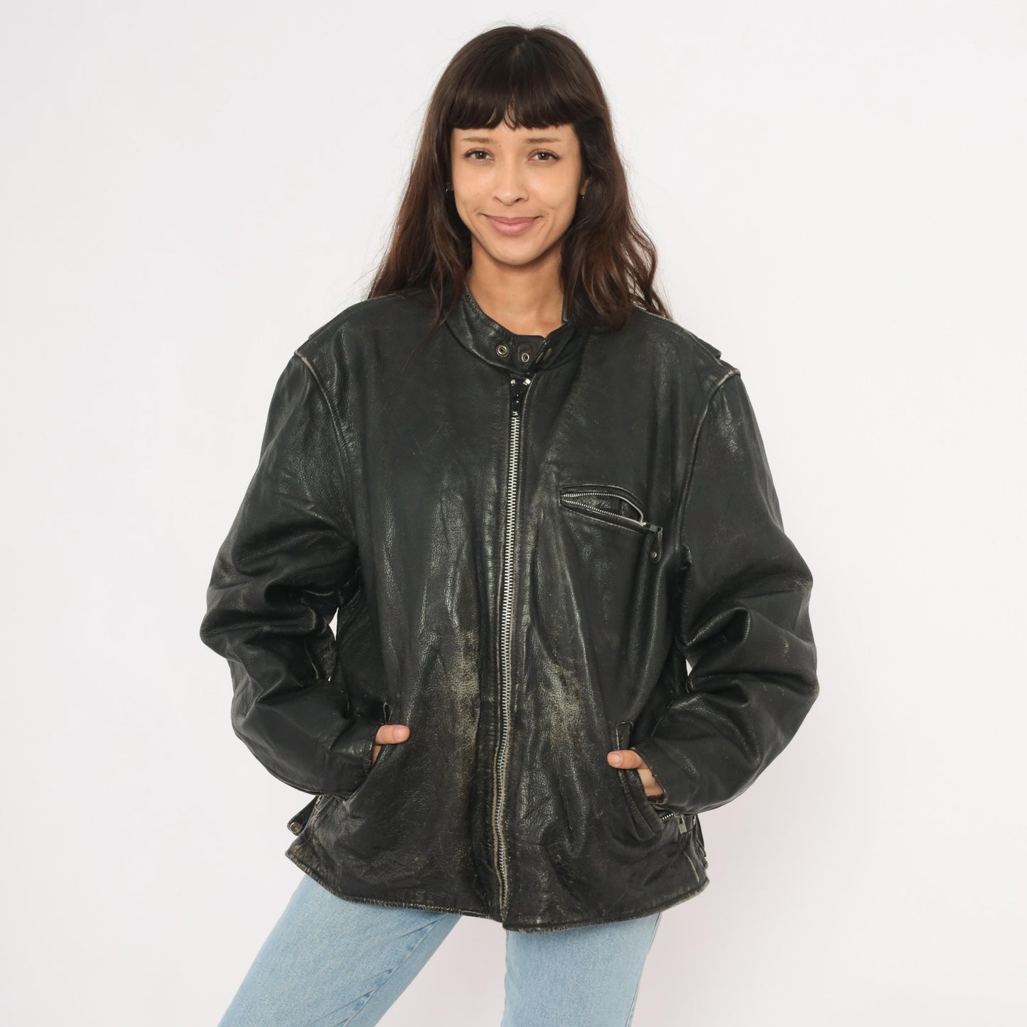 90s Unik Leather Cafe Racer Jacket Black Moto Coat Heavy Weight Extra Large