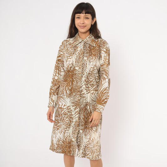 70s The Spectator Tropical Print Shirt Dress Brown Cream Knee Length Large L
