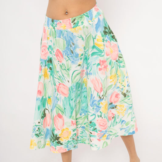 80s Dennis Goldsmith Floral Midi Skirt A-Line Pink Teal Green Medium