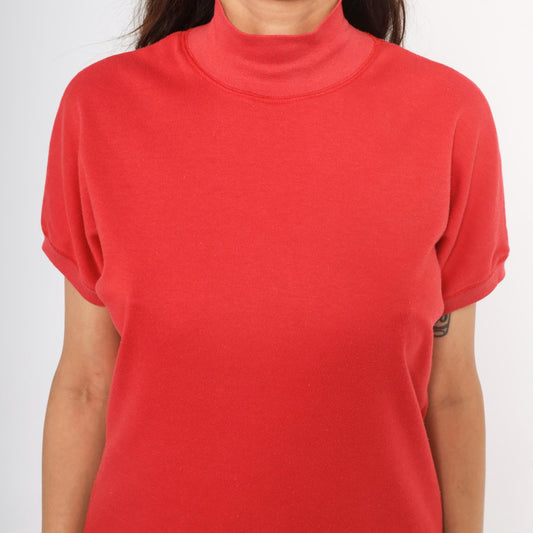 90s French Navy Red Mock Neck Cotton Tee Short Sleeve Medium M