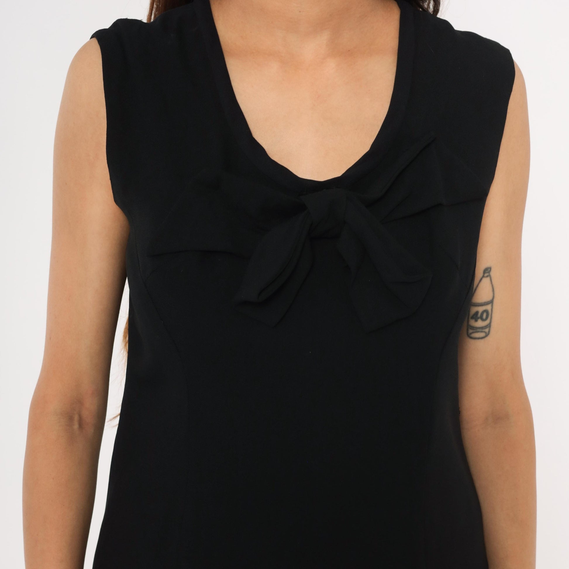60s Mod Mini Dress Black Bow Front Sleeveless Shift Cocktail Small