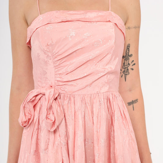 60s Pink Mini Dress Ruched Bodice Bow Waist Gathered Skirt Extra Small XS