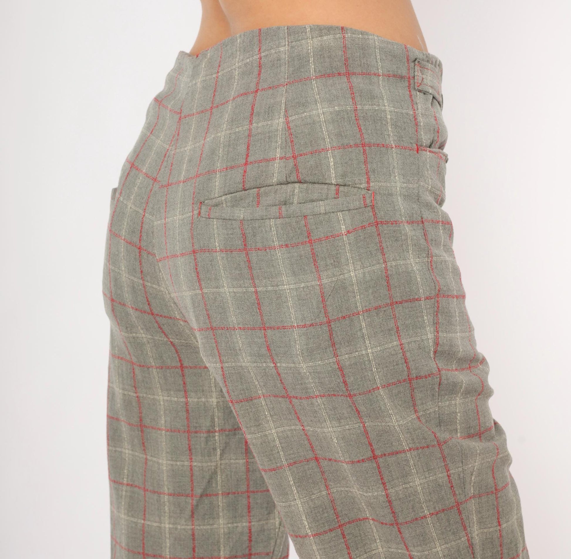 70s Grey Plaid Wool Blend Kick Flare Pants Red Windowpane Low Rise Medium M