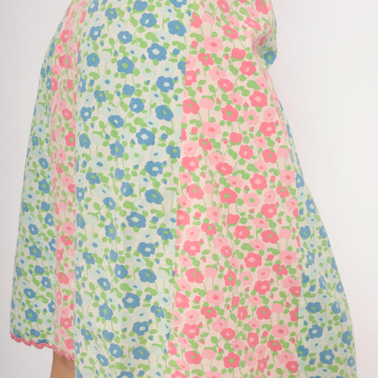 70s Floral A-Line Skirt Pink Blue Green Cotton Knee-Length Large L