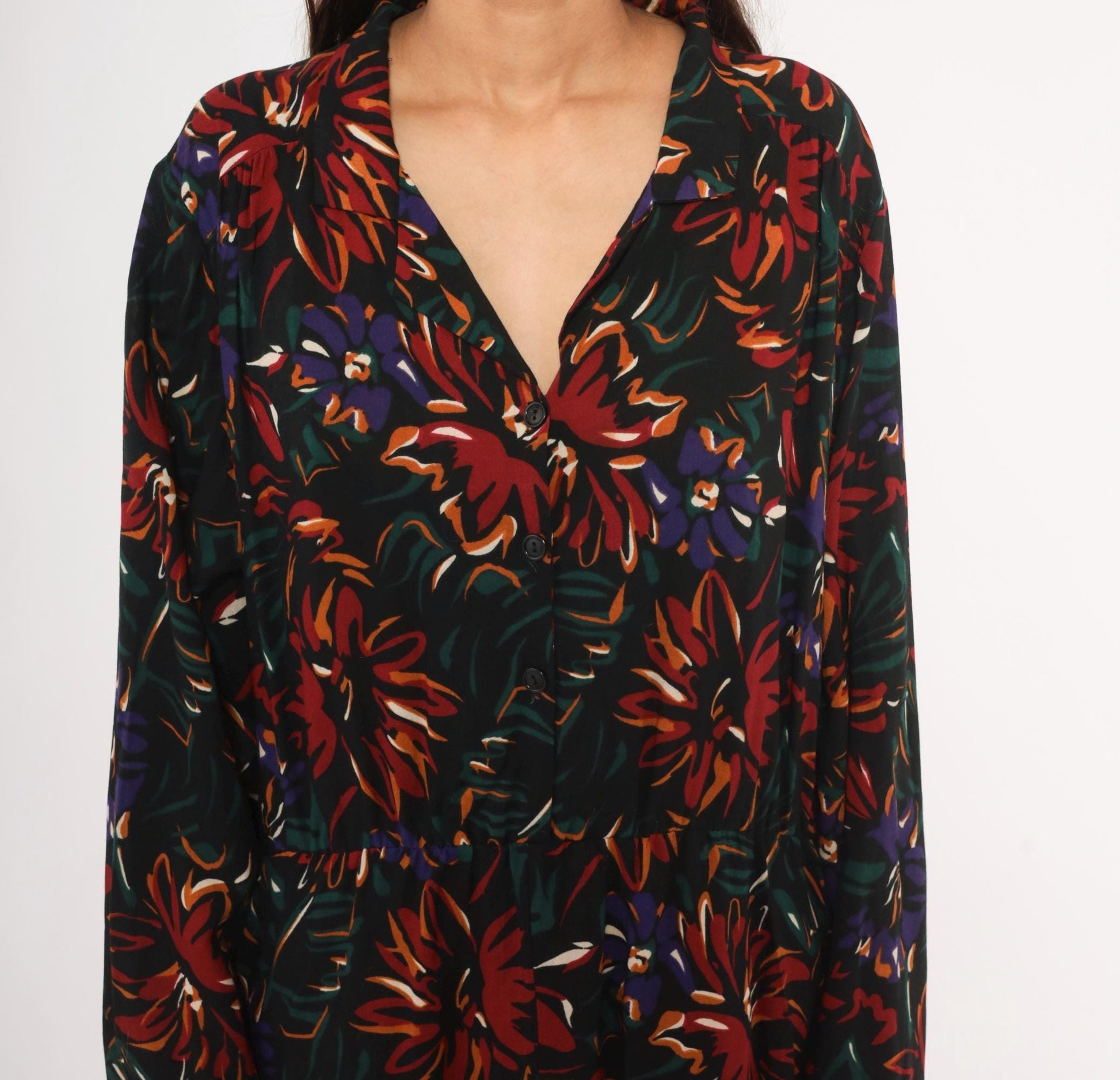 90s Sue Brett Collection Floral Mini Shirt Dress Black Burgundy Extra Large