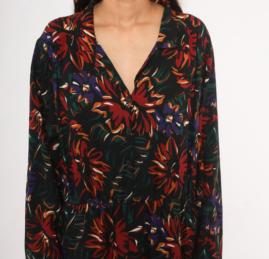 90s Sue Brett Collection Floral Mini Shirt Dress Black Burgundy Extra Large