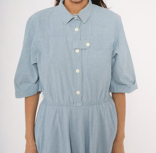 80s Powder Blue Chambray Shirt Dress Cotton Midi Flared Skirt Large L