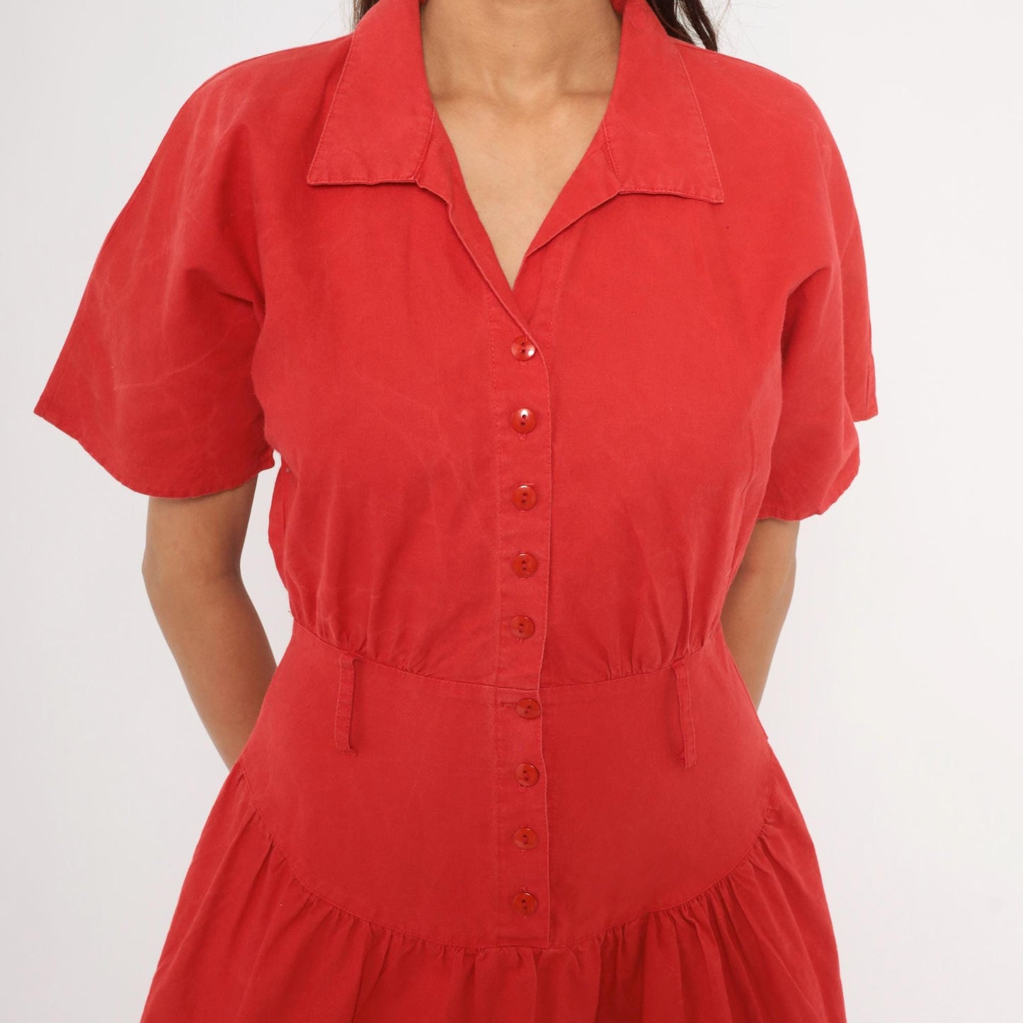 90s Wild Dress Red Cotton Shirtdress Drop Waist Gathered Skirt Medium M